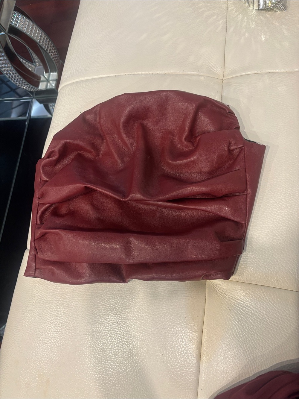 Maniere De Voir Faux Leather Pleated top in Burgundy